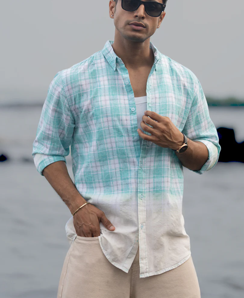 Aqua Blue Light Weight Ombre Checks Shirt - Image 2