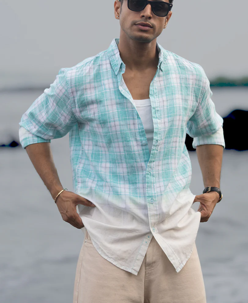 Aqua Blue Light Weight Ombre Checks Shirt - Image 3