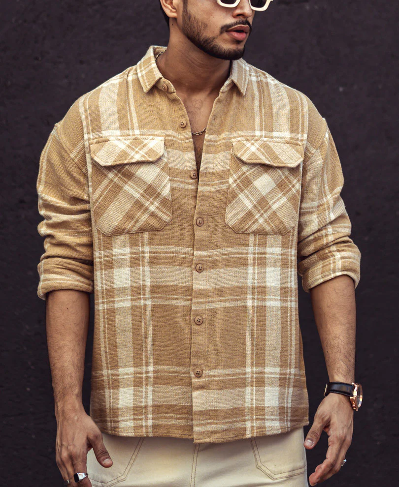 Beige and White Checks Oversize Drop Shoulder Shirt - Image 2