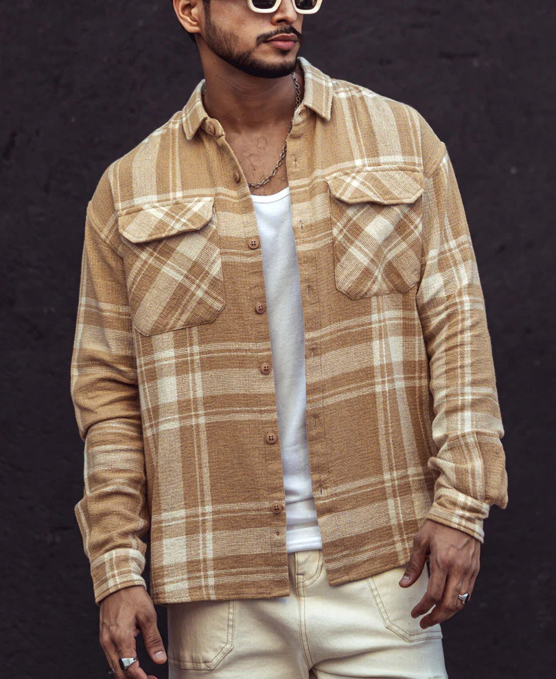 Beige and White Checks Oversize Drop Shoulder Shirt - Image 3