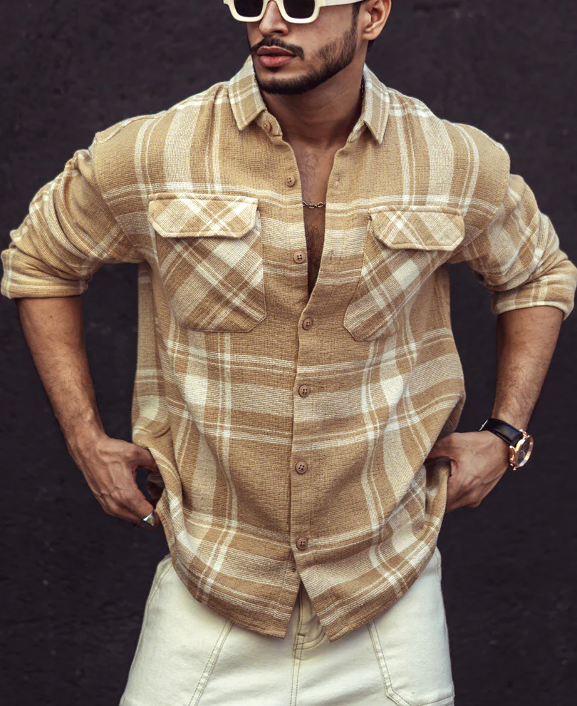 Beige and White Checks Oversize Drop Shoulder Shirt - Image 4