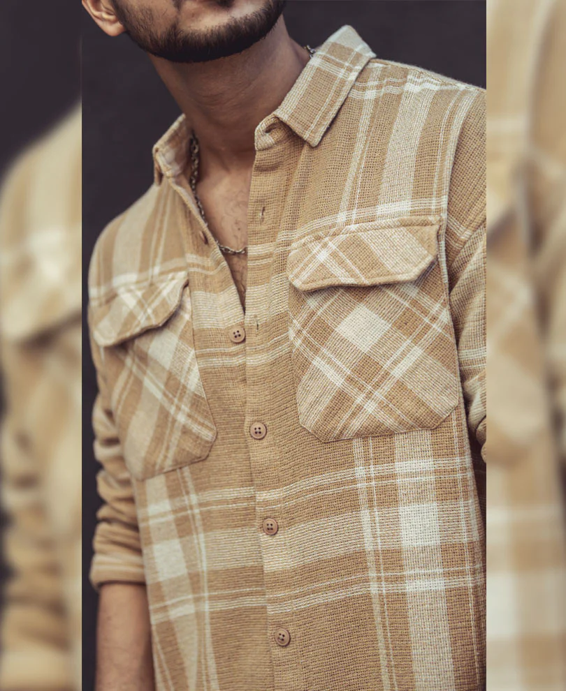 Beige and White Checks Oversize Drop Shoulder Shirt - Image 6