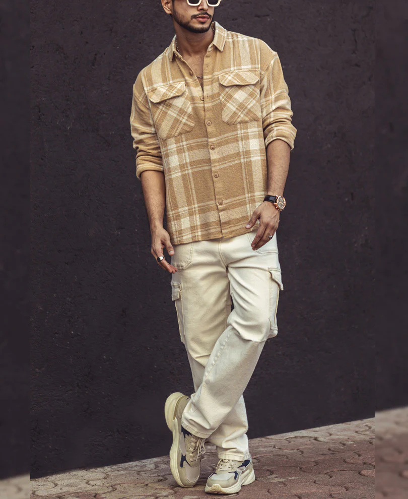 Beige and White Checks Oversize Drop Shoulder Shirt - Image 7