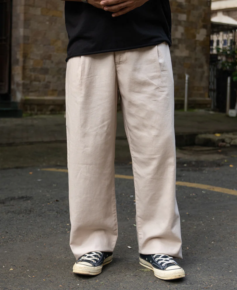 Beige Contrast Belt Linen Trouser - Image 2