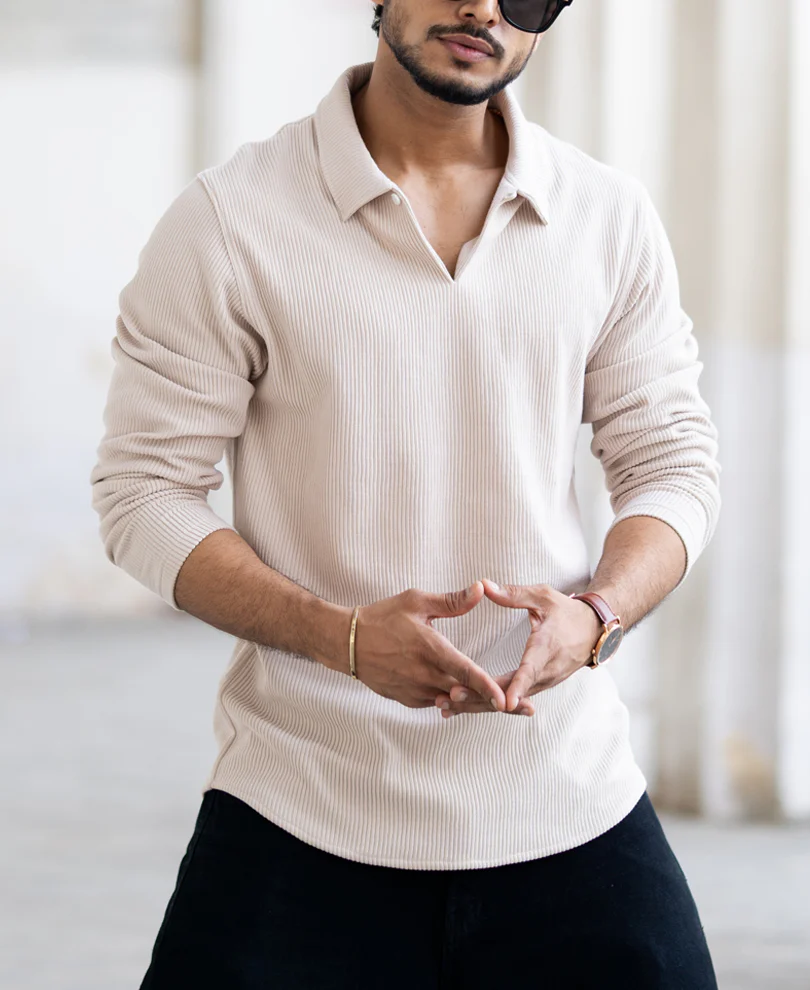 Beige Corduroy Regular Fit Full Sleeves T-Shirt - Image 2