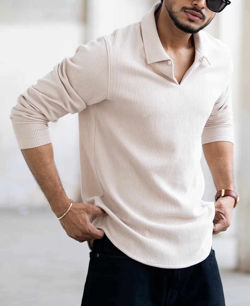 Beige Corduroy Regular Fit Full Sleeves T-Shirt - Image 3