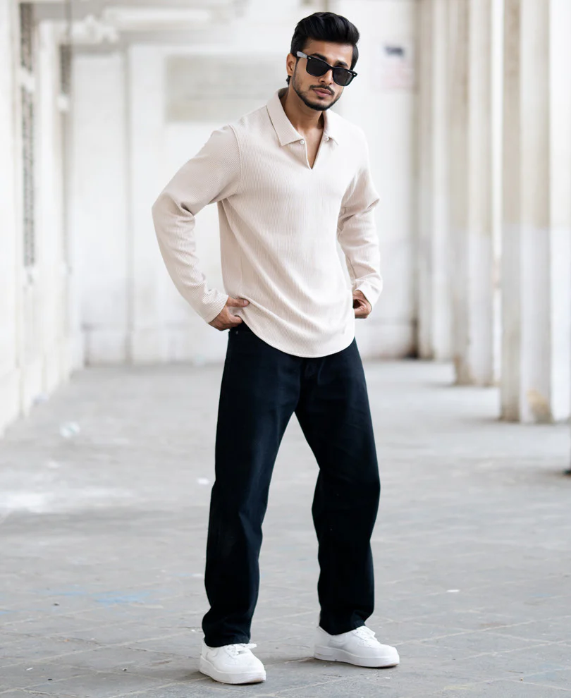 Beige Corduroy Regular Fit Full Sleeves T-Shirt - Image 6