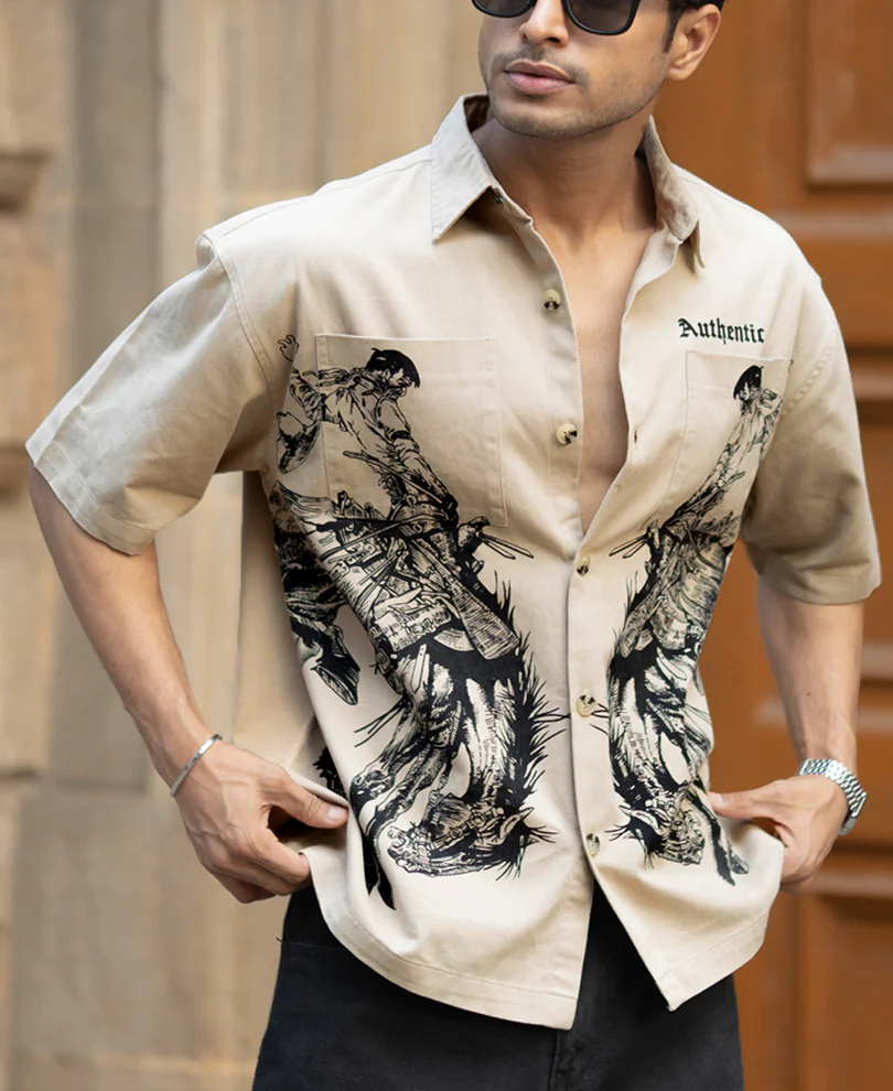 Beige Cowboy Print Boxy Shirt - Image 2