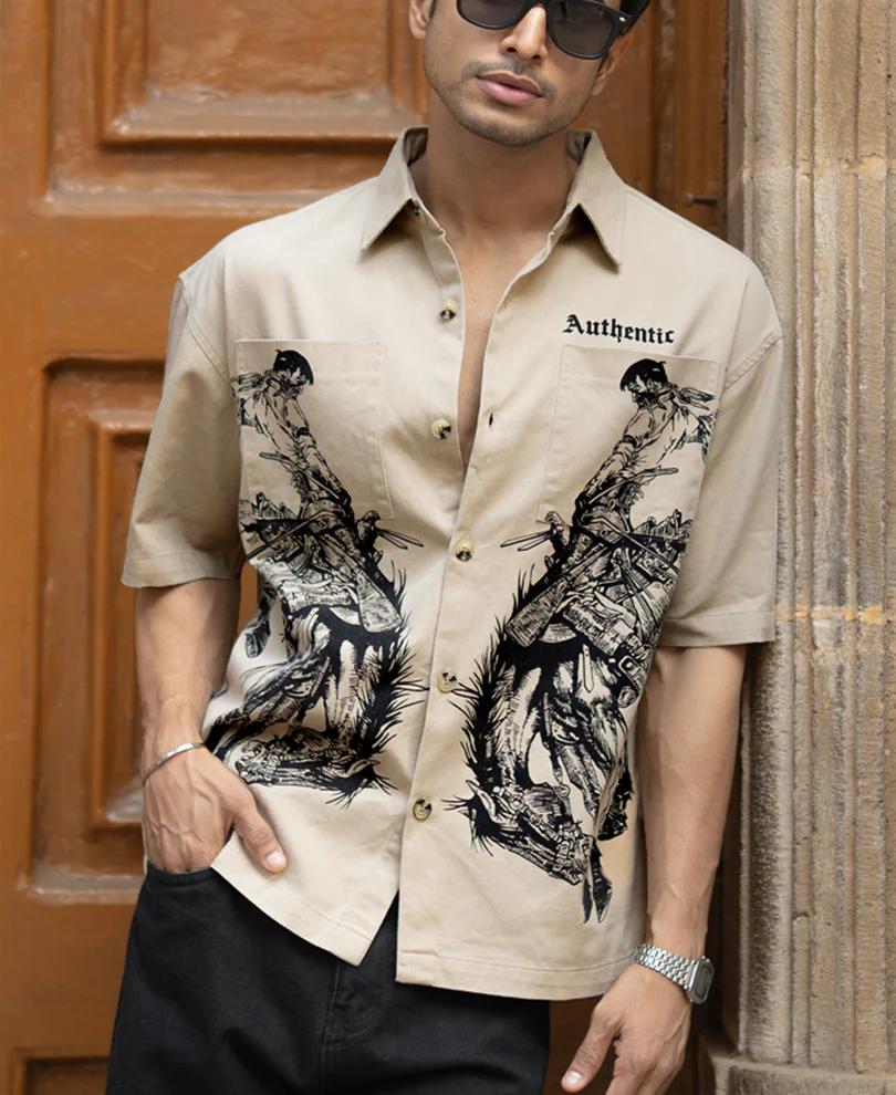 Beige Cowboy Print Boxy Shirt - Image 3