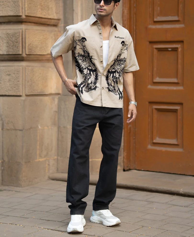Beige Cowboy Print Boxy Shirt - Image 7