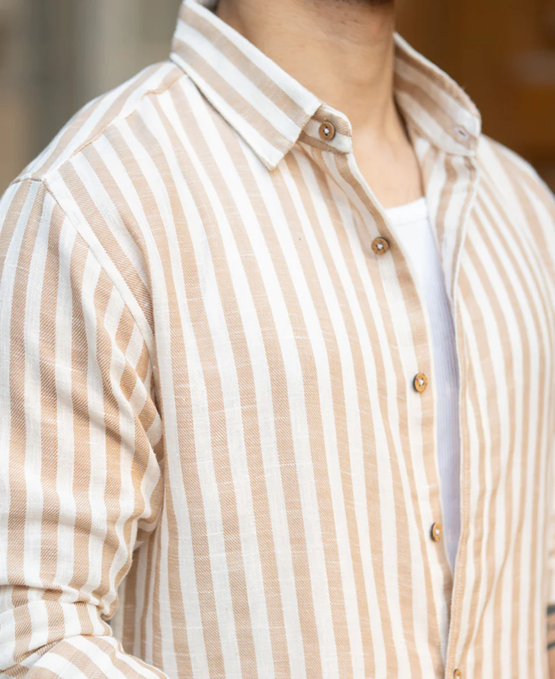 Beige Lightweight Slub Stripe Shirt - Image 4
