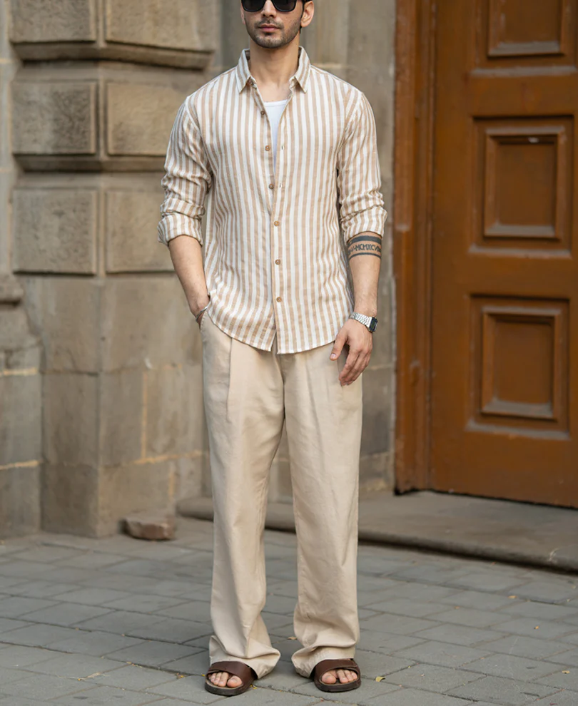 Beige Lightweight Slub Stripe Shirt - Image 7