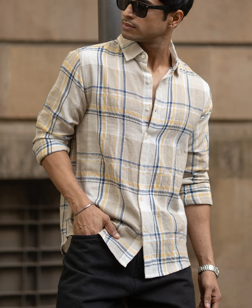 Beige Lightweight Structure Checks Shirt - Image 2