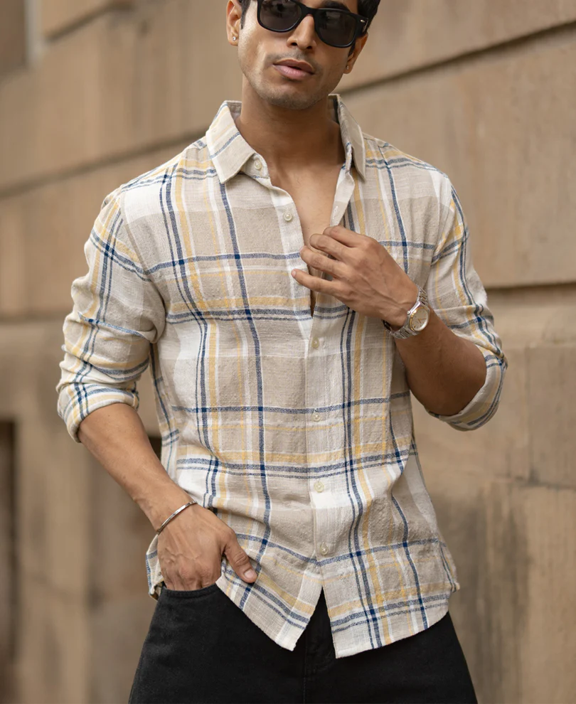 Beige Lightweight Structure Checks Shirt - Image 3