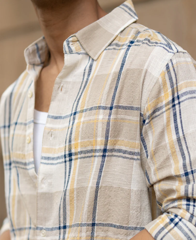 Beige Lightweight Structure Checks Shirt - Image 5