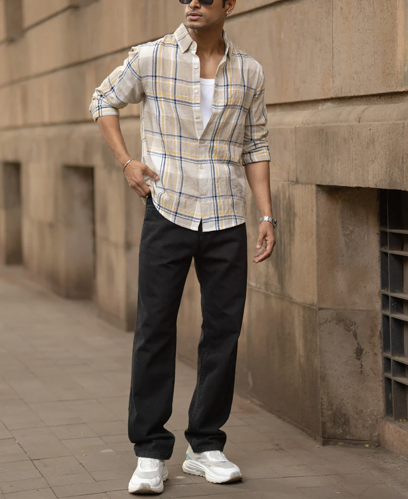 Beige Lightweight Structure Checks Shirt - Image 7
