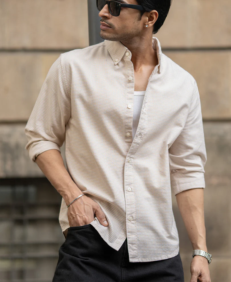 Beige Microchecks Oxford Shirt - Image 2