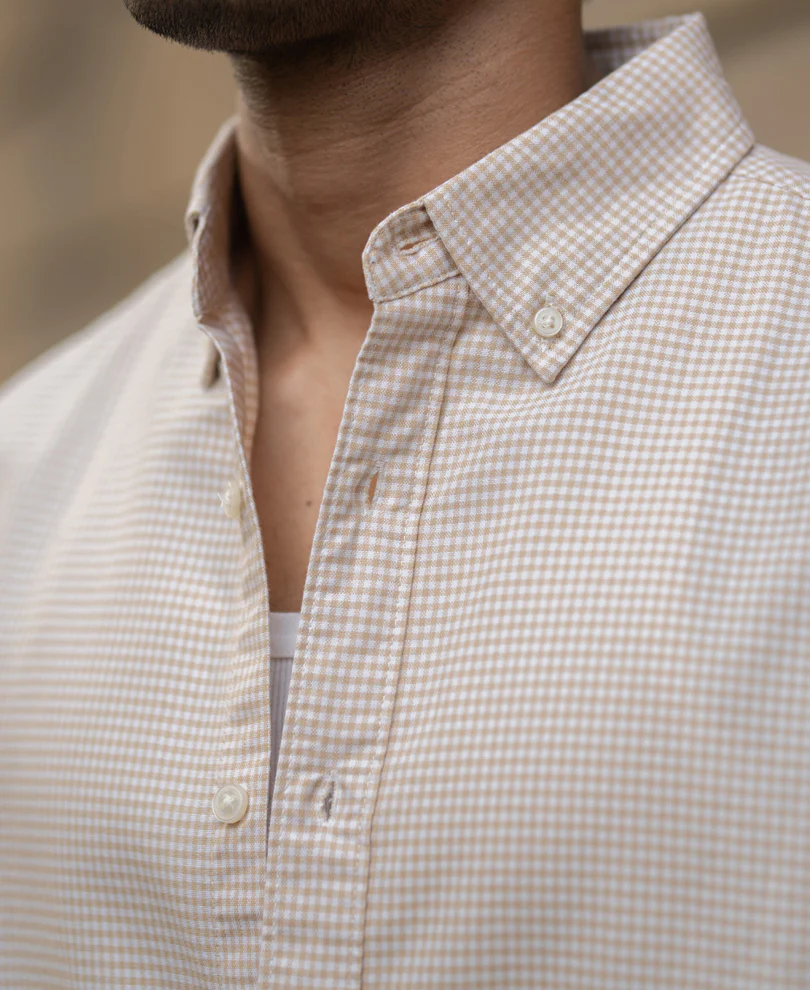 Beige Microchecks Oxford Shirt - Image 4