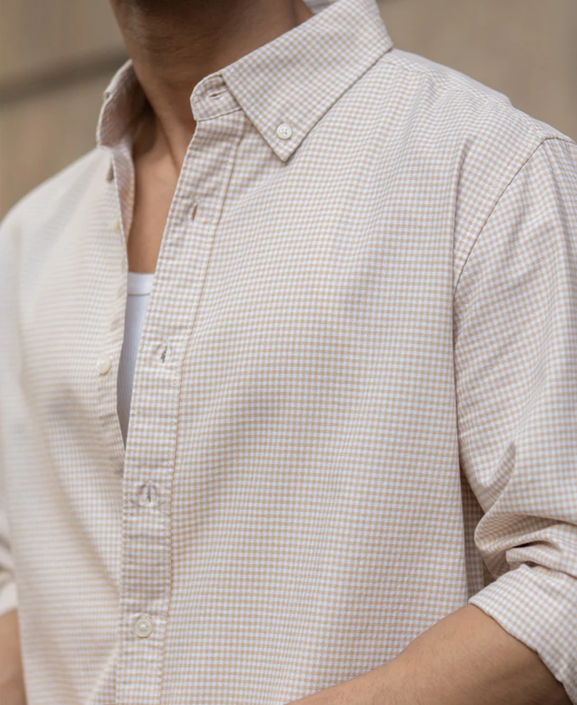Beige Microchecks Oxford Shirt - Image 5
