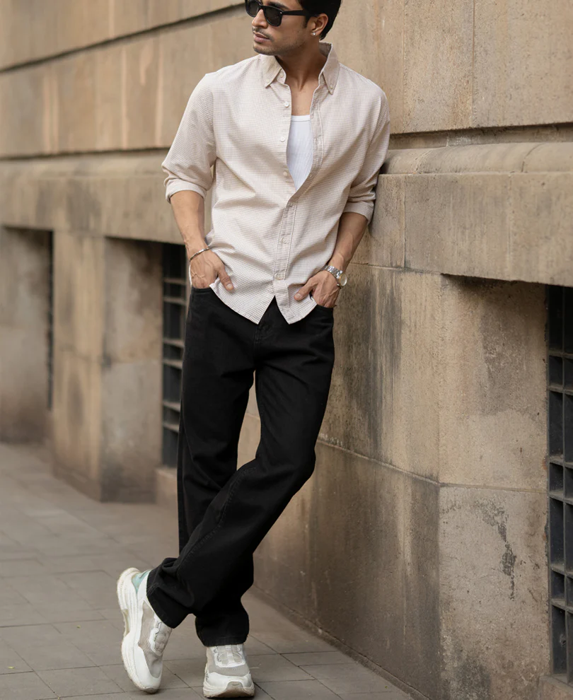 Beige Microchecks Oxford Shirt - Image 8