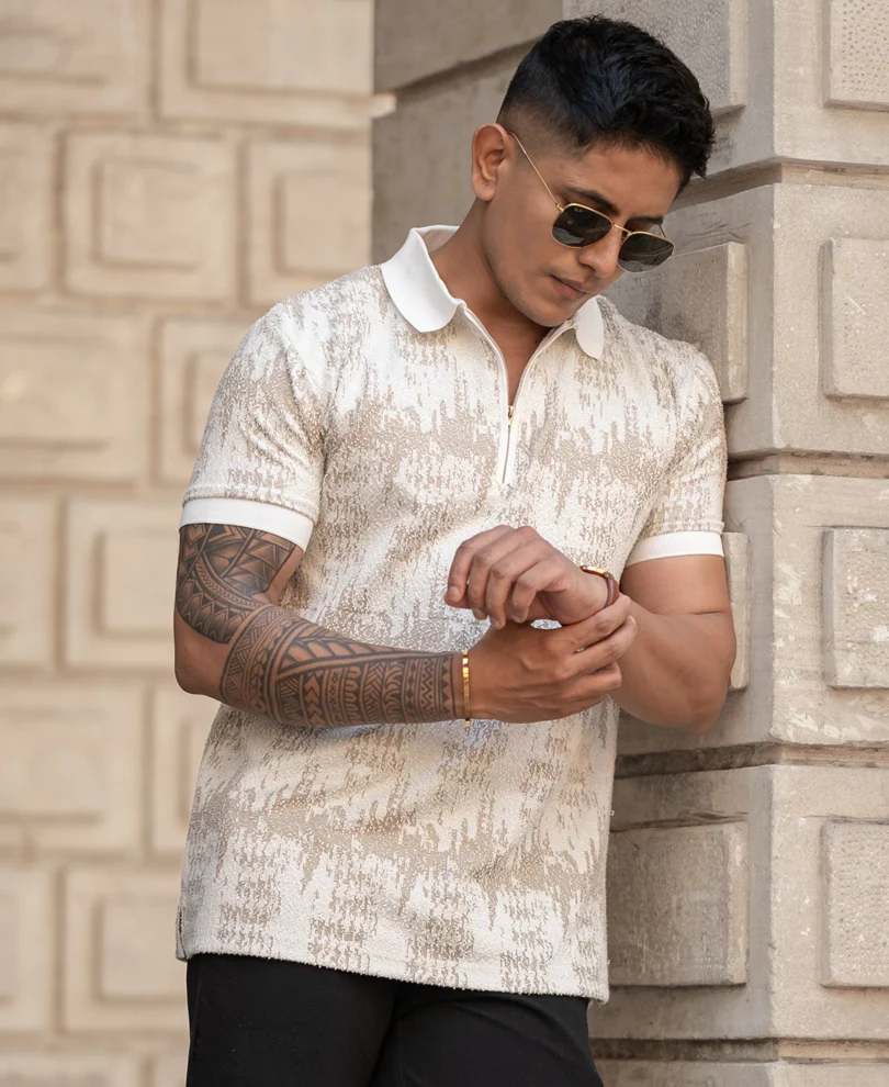 Beige Regular Fit Quarter Zip Polo T-Shirt - Image 2