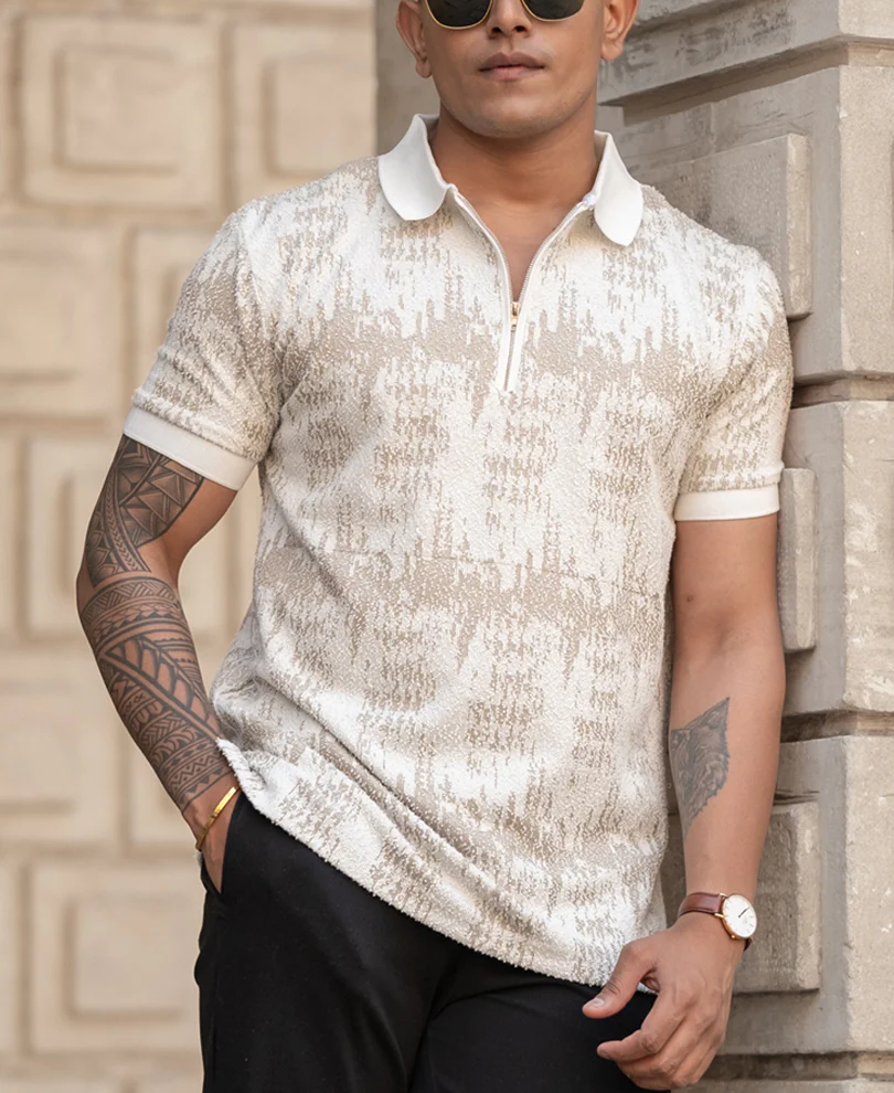 Beige Regular Fit Quarter Zip Polo T-Shirt - Image 4