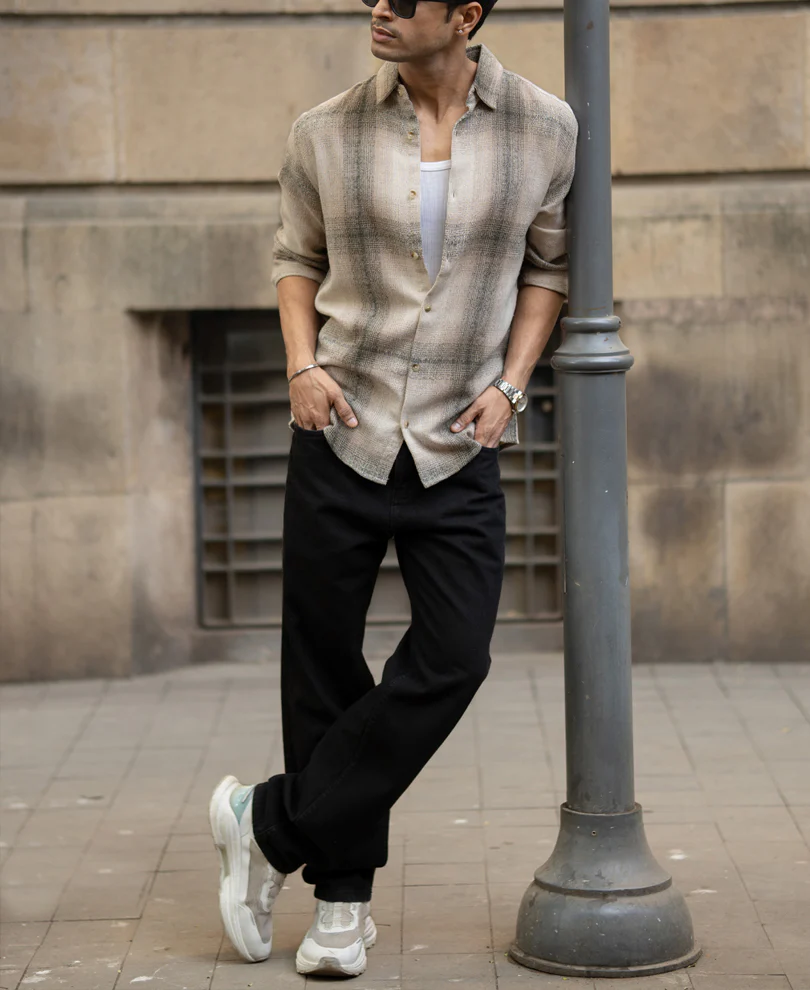 Beige Structured Checked Shirt - Image 7