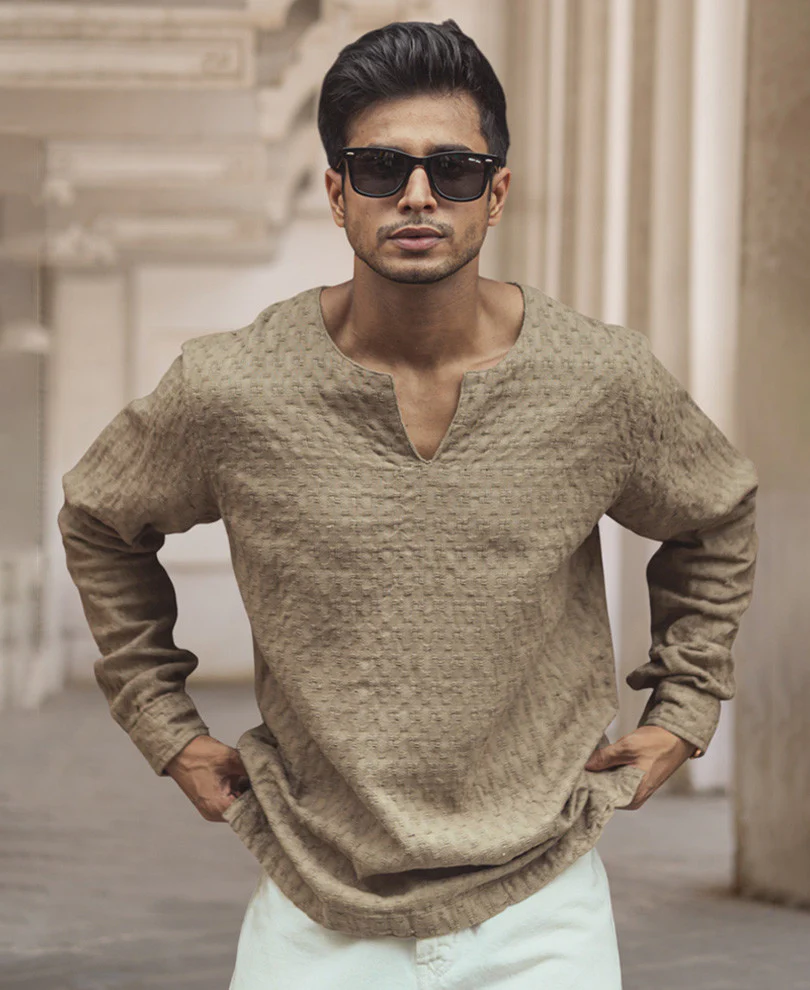 Beige Structured Regular Fit Full Sleeve Kurta Style Shirt - Image 2