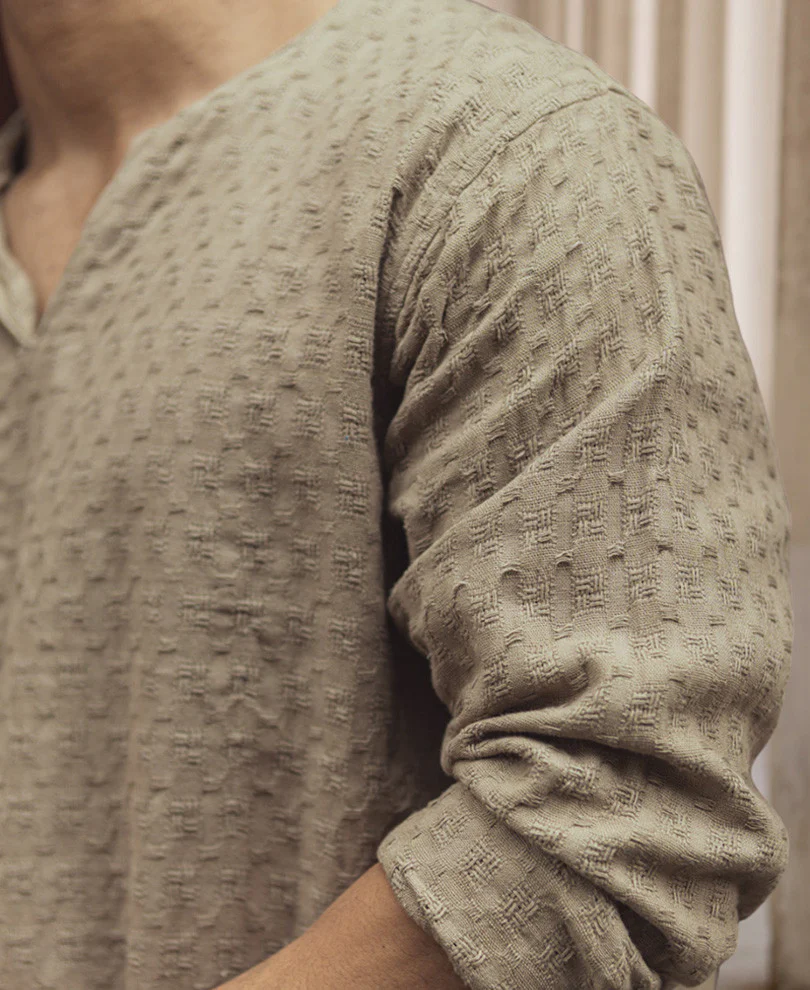 Beige Structured Regular Fit Full Sleeve Kurta Style Shirt - Image 5