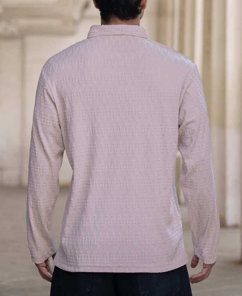 Beige Structured Regular Fit Full Sleeves Polo T-Shirt - Image 3