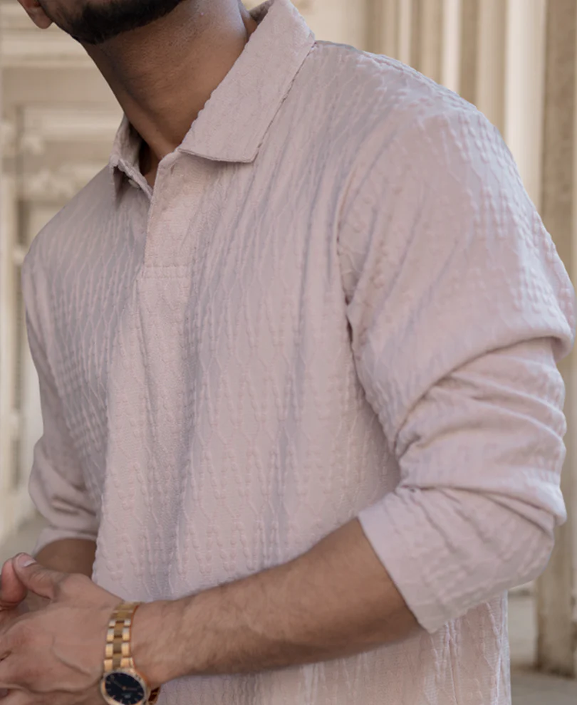 Beige Structured Regular Fit Full Sleeves Polo T-Shirt - Image 4