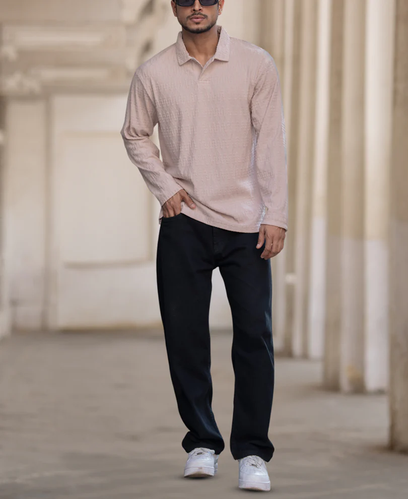 Beige Structured Regular Fit Full Sleeves Polo T-Shirt - Image 6