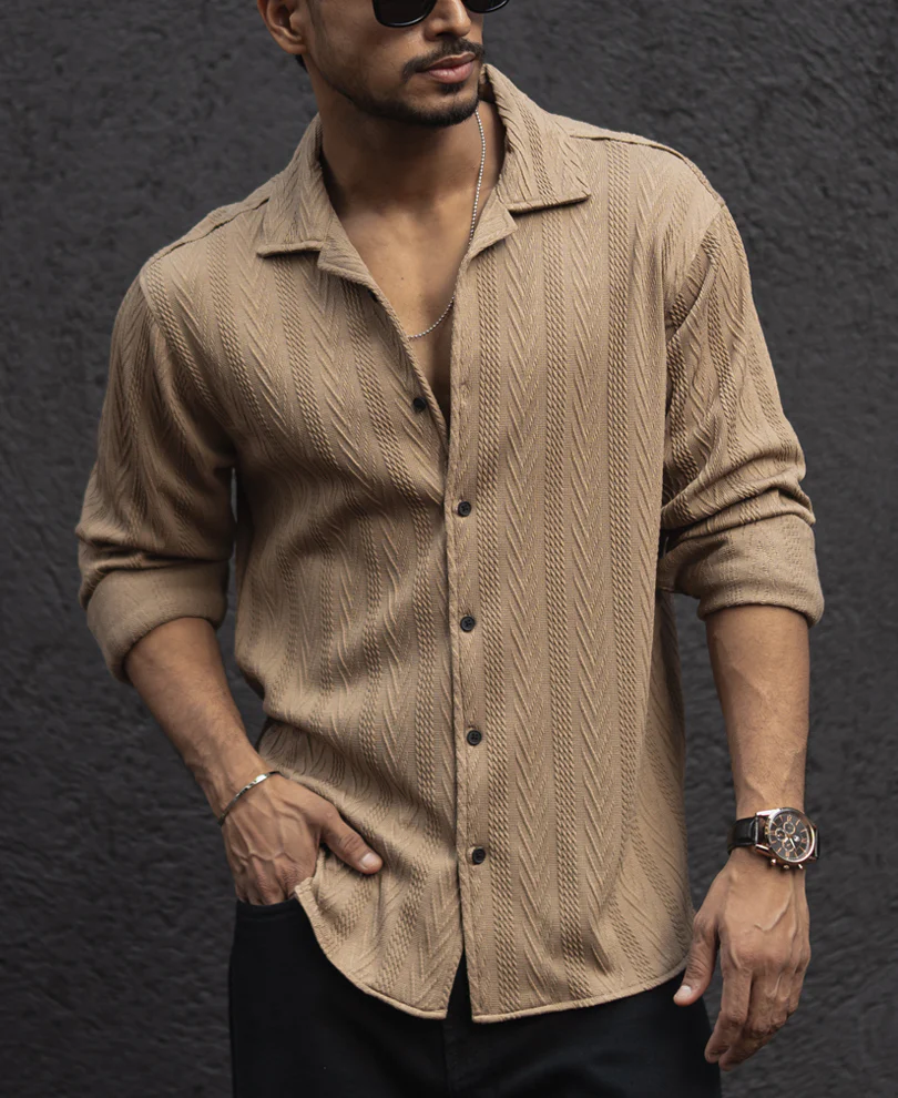 Beige Structured Regular Fit Shirt - Image 3