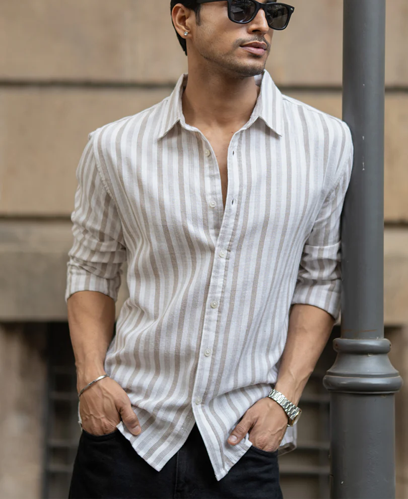 Beige Structured Stripes Shirt - Image 2