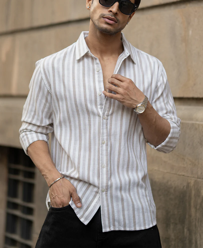 Beige Structured Stripes Shirt - Image 3