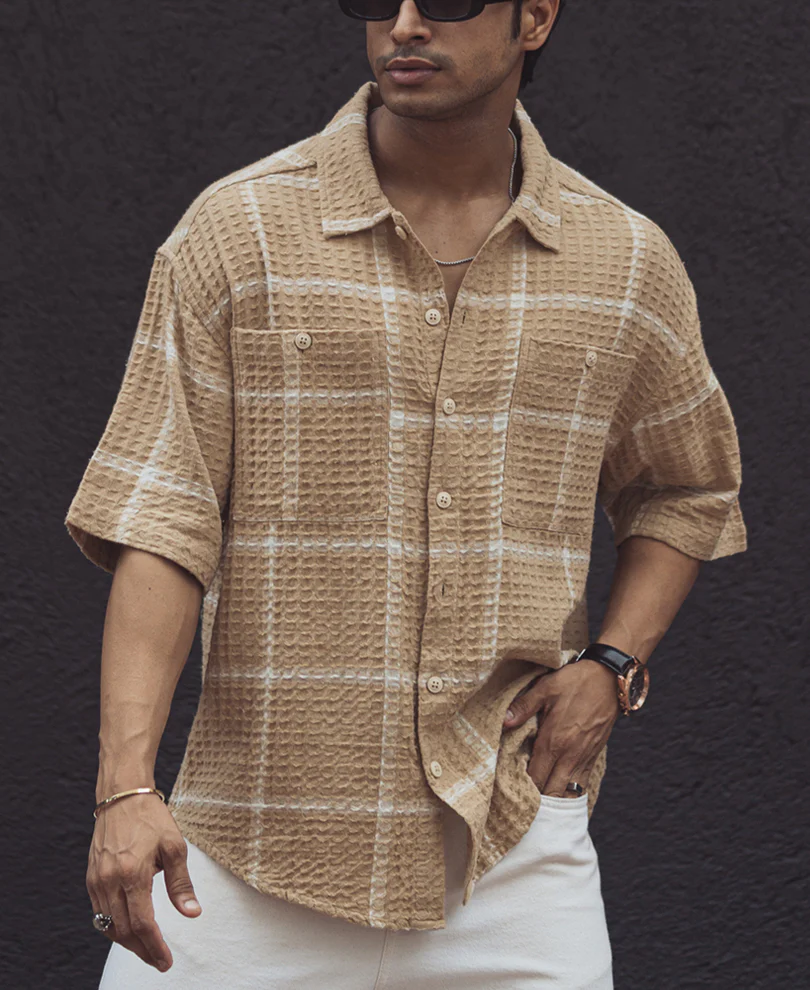 Beige Waffle Structured Checks Half Sleeves Shirt - Image 2