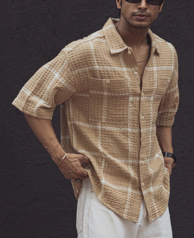 Beige Waffle Structured Checks Half Sleeves Shirt - Image 3