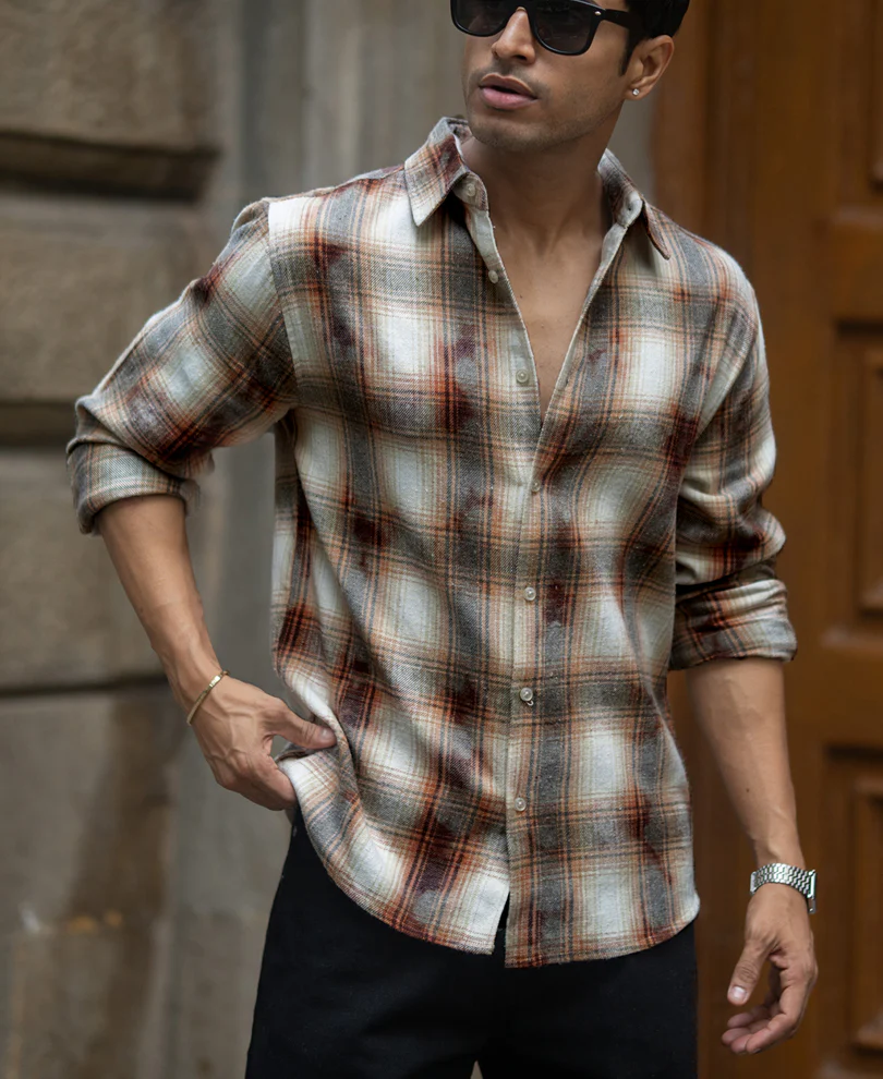 Beige Washed Checks Shirt - Image 2
