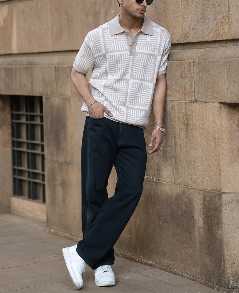 Beige Geometric Jacquard T-Shirt - Image 6