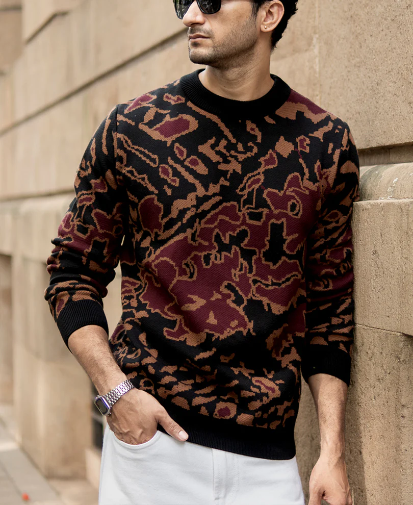 Black Abstract Jacquard Cotton Sweater - Image 2
