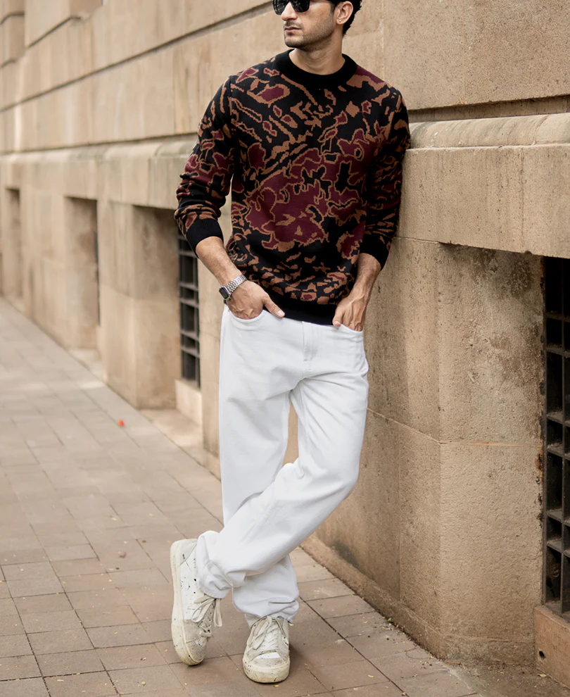 Black Abstract Jacquard Cotton Sweater - Image 6