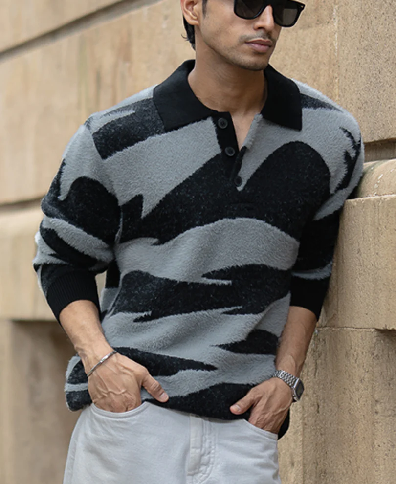 Black Abstract Jacquard Knit Polo Sweater - Image 2