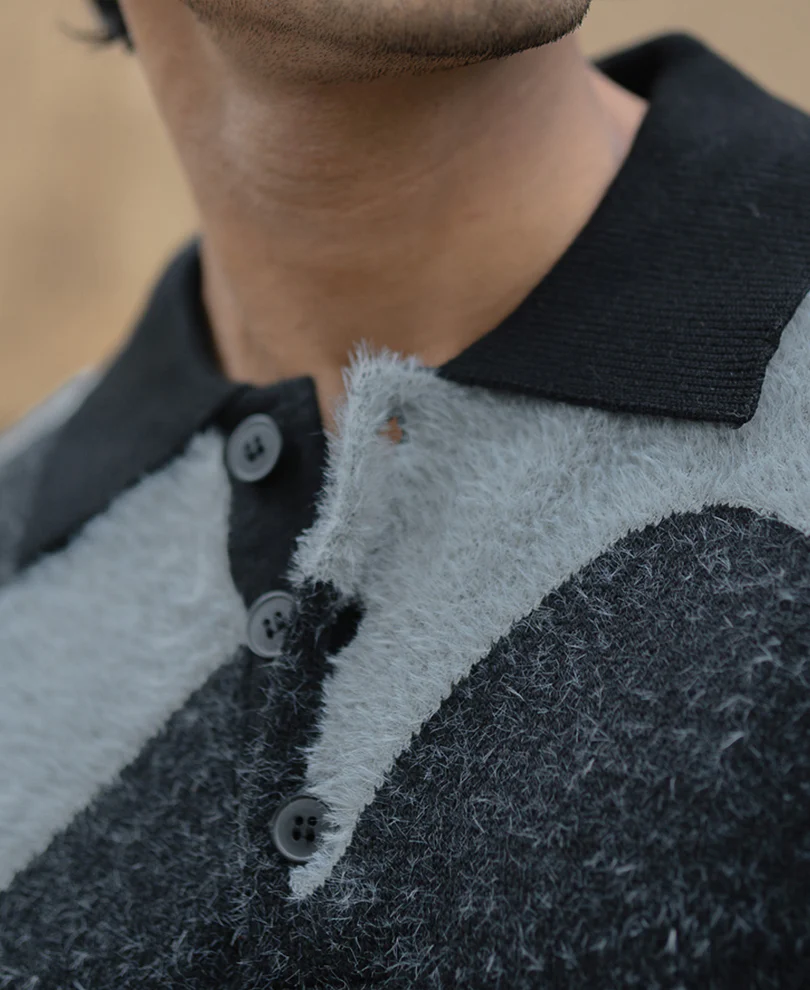 Black Abstract Jacquard Knit Polo Sweater - Image 4