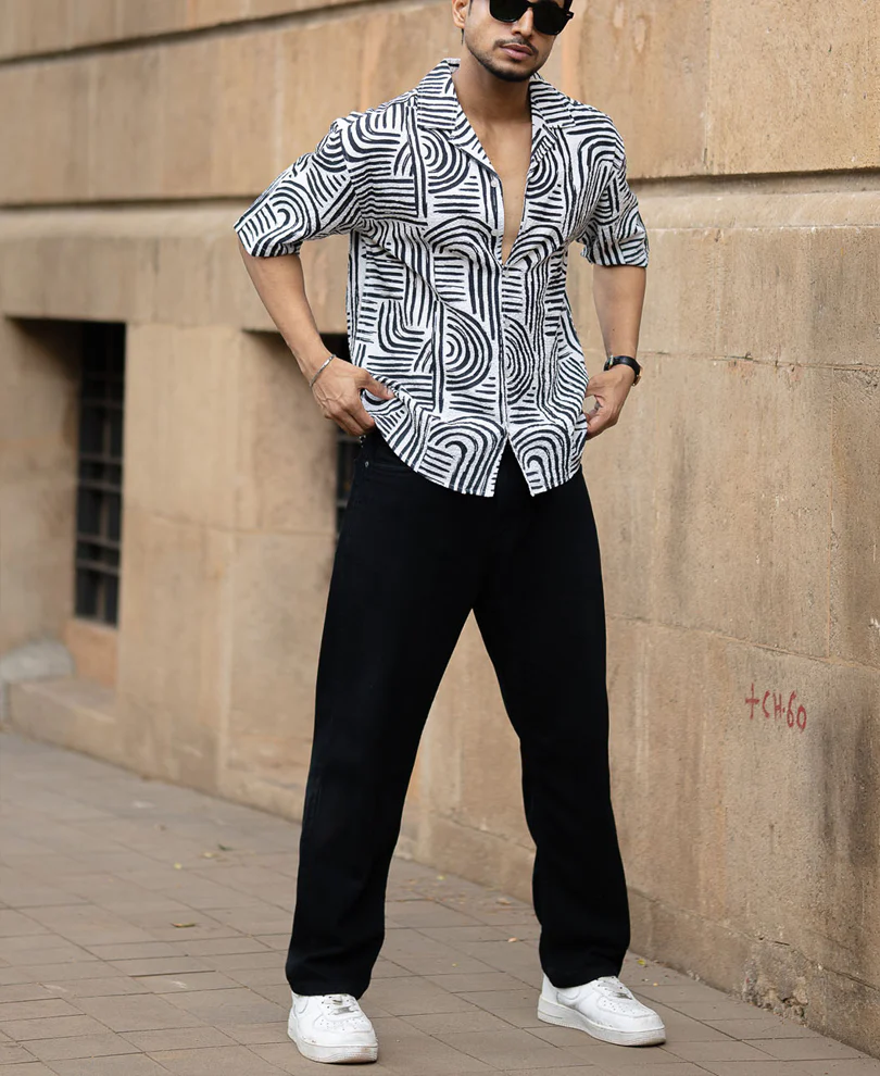 Black Abstract Lines Printed Shirt - Image 6