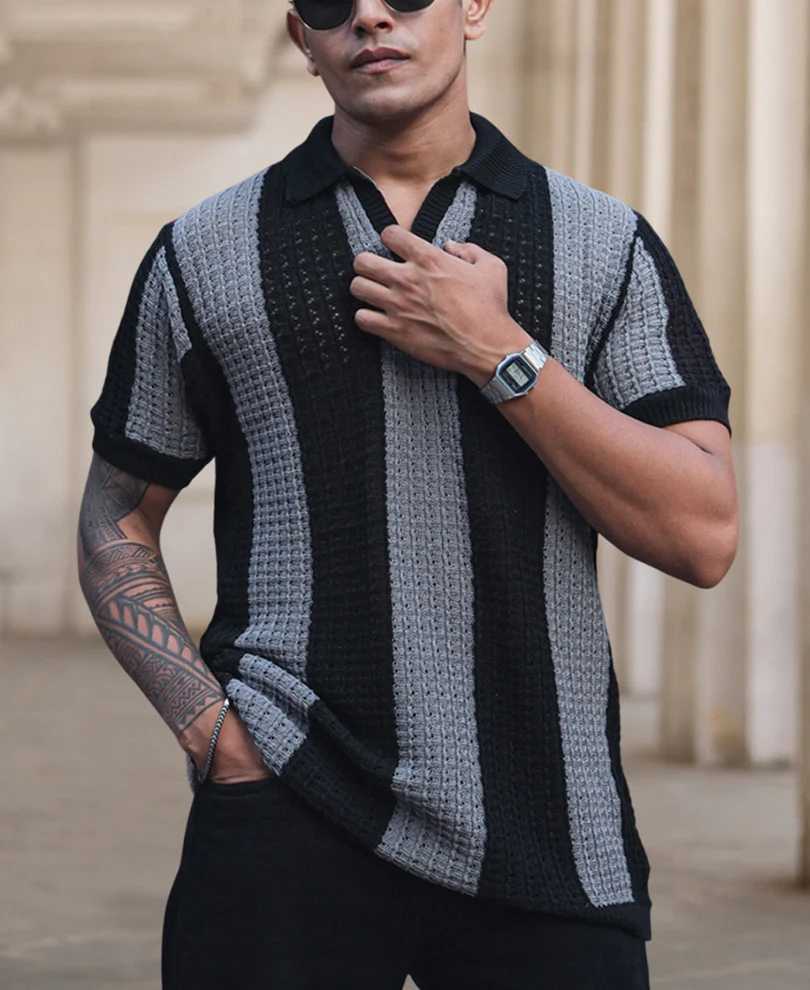 Black and Grey Crochet Striped Reglular Half Sleeves T Shirt - Image 2
