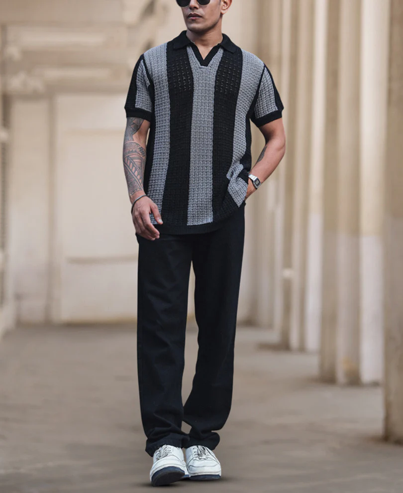 Black and Grey Crochet Striped Reglular Half Sleeves T Shirt - Image 5