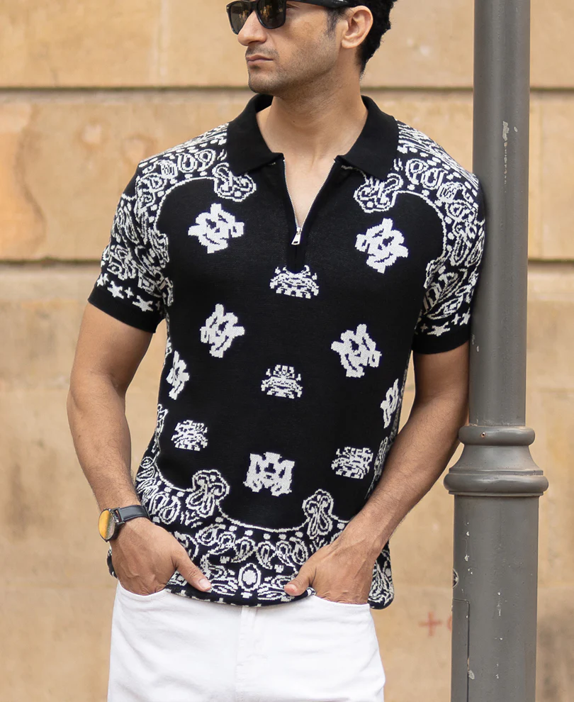 Black Bandana Knit Polo T-Shirt - Image 3