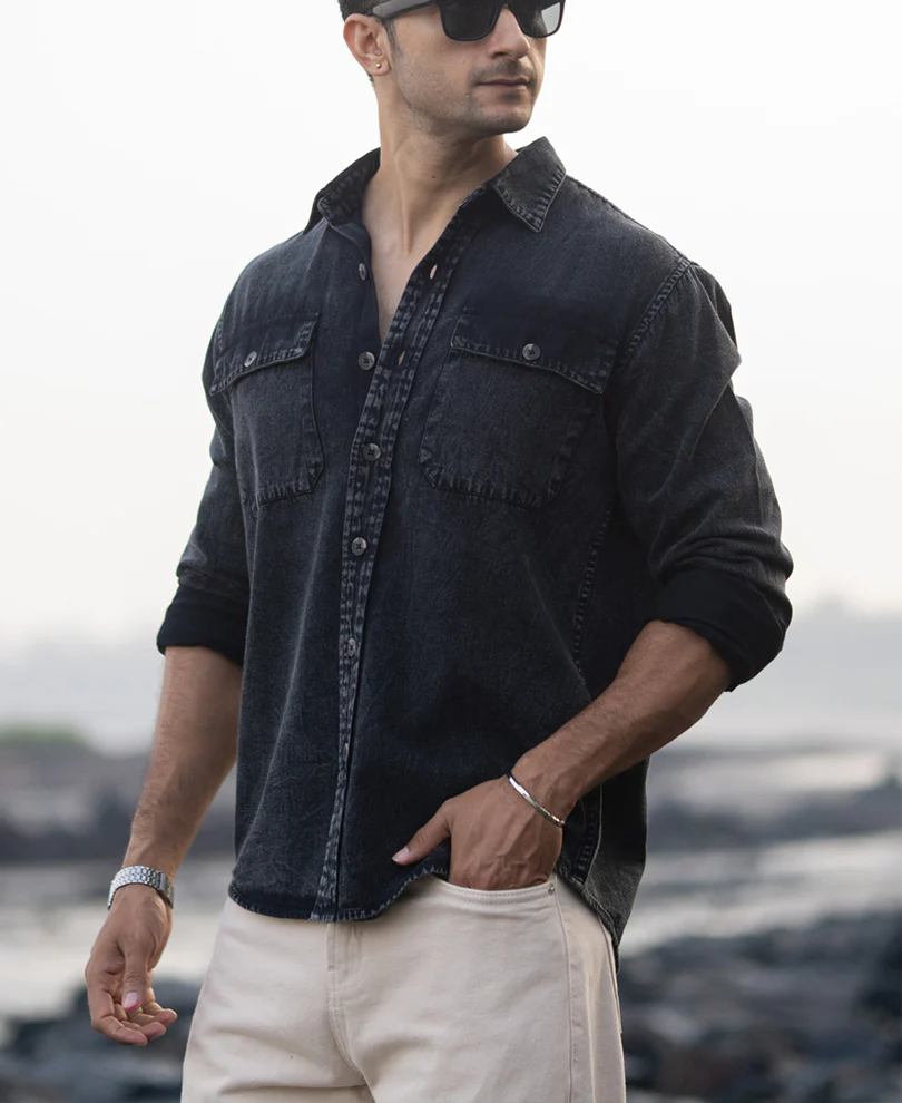 Black Charcoal Washed Denim Shirt - Image 3