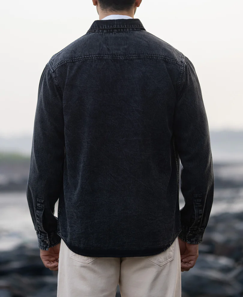Black Charcoal Washed Denim Shirt - Image 6