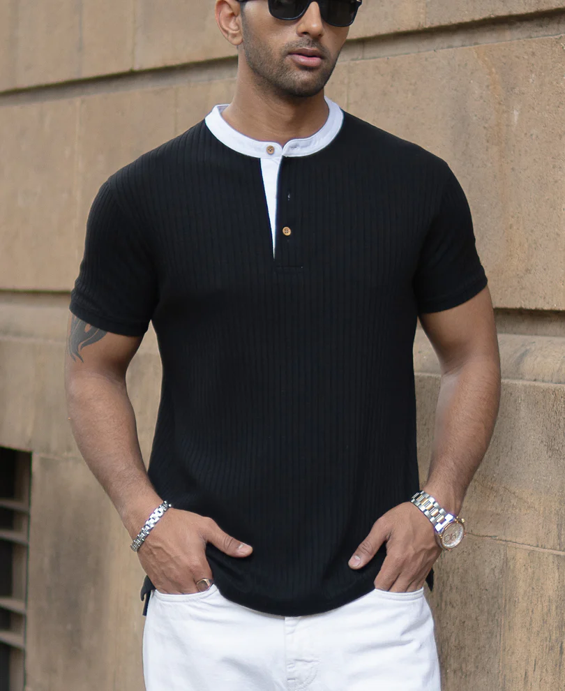 Black Contrast Collar Henley T-Shirt - Image 3